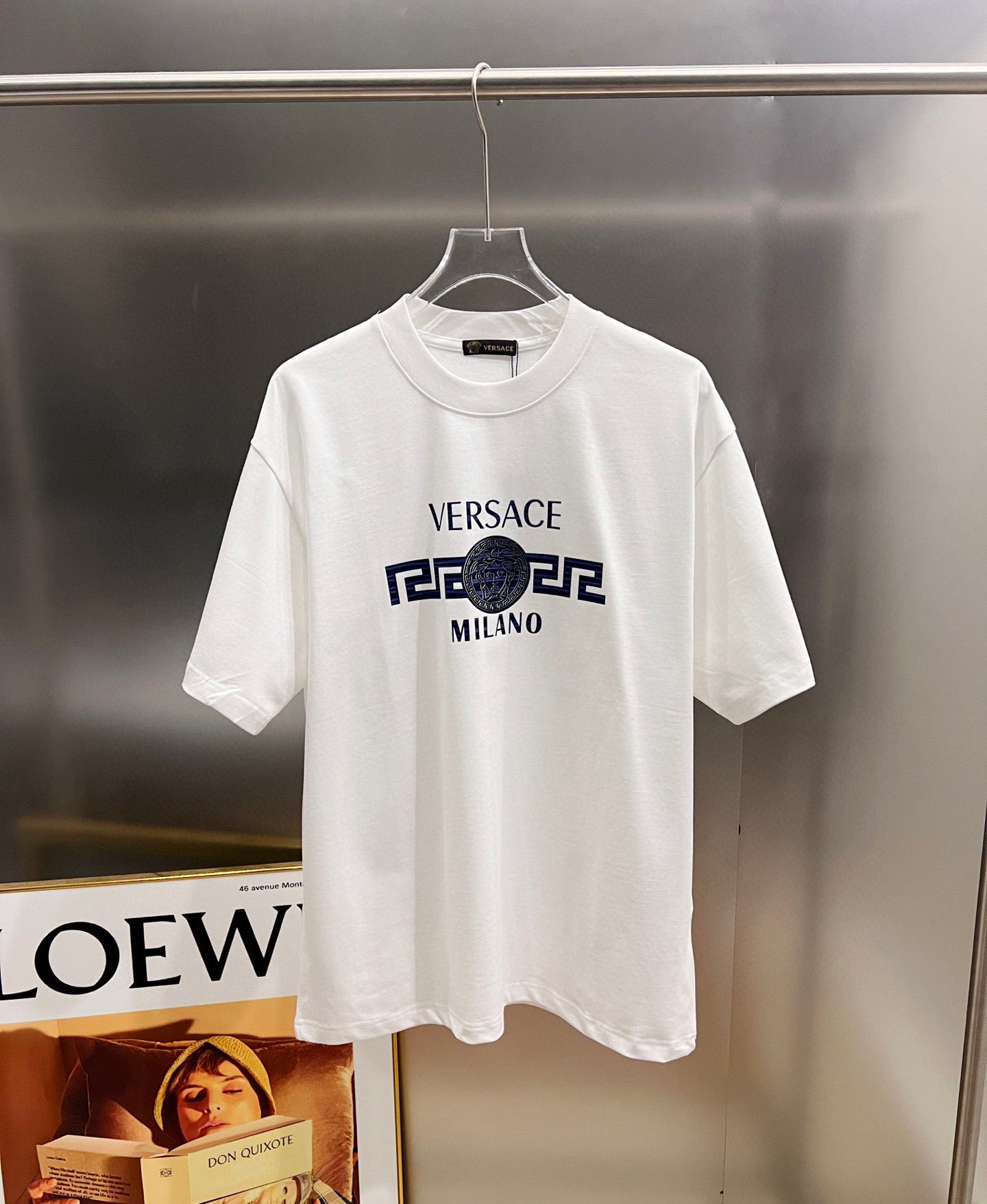 White crewneck T-shirt with short sleeves and Versace Milano graphic print