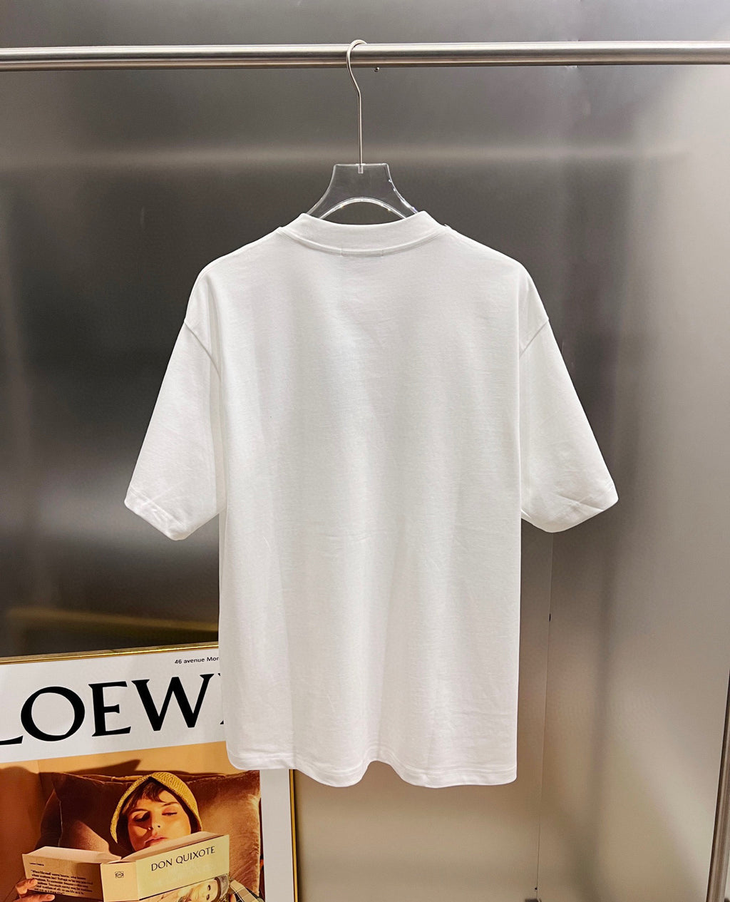 White crewneck T-shirt with short sleeves, plain back view