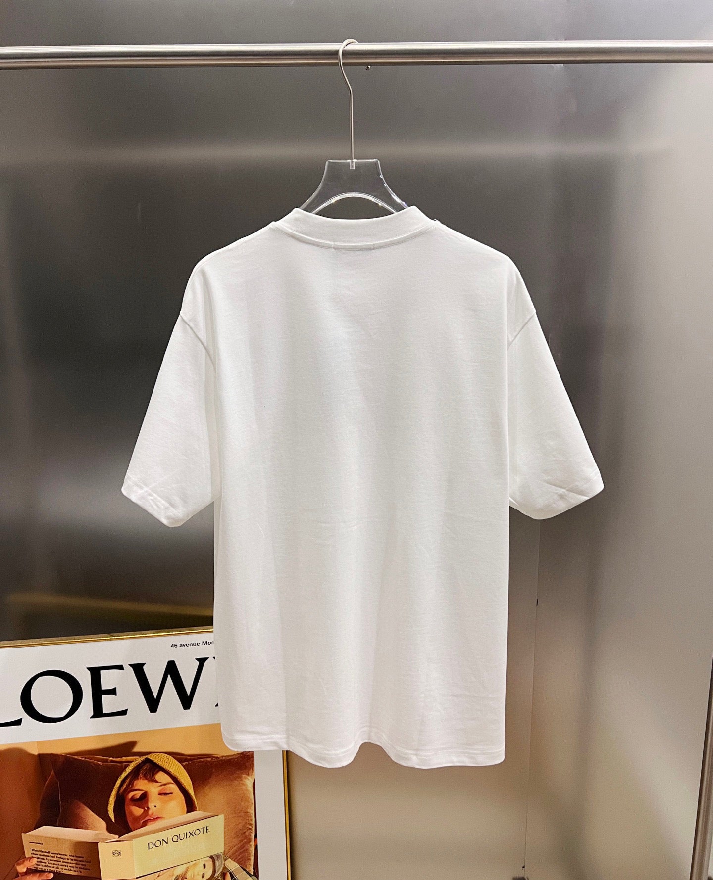 White crewneck T-shirt with short sleeves, plain back view