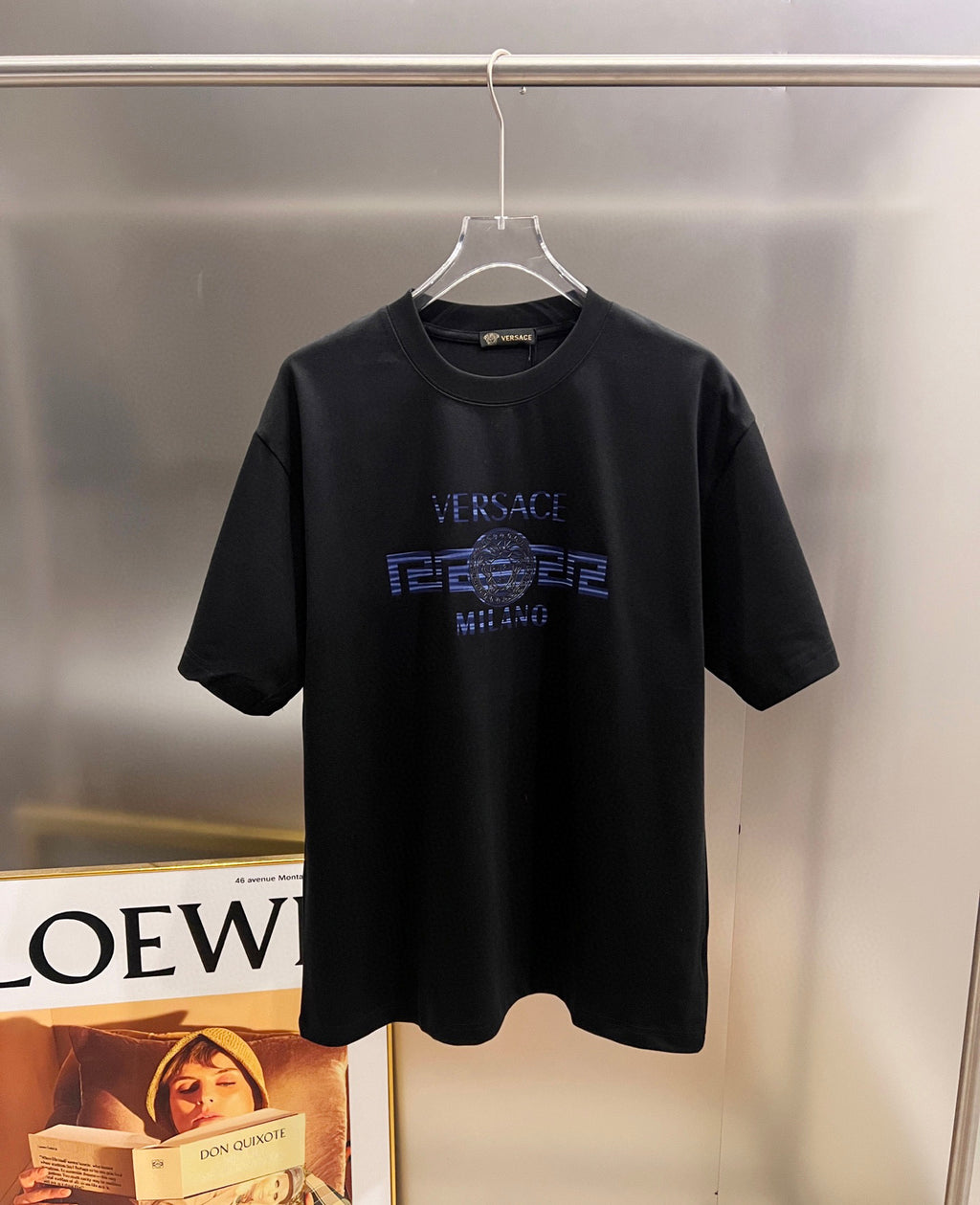 Black Versace T-shirt with blue front logo graphic