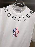 White short-sleeve T-shirt front with black dotted letters and crew neck