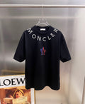 Moncler short-sleeve T-shirt, dark top with colorful M logo and ONCLE print