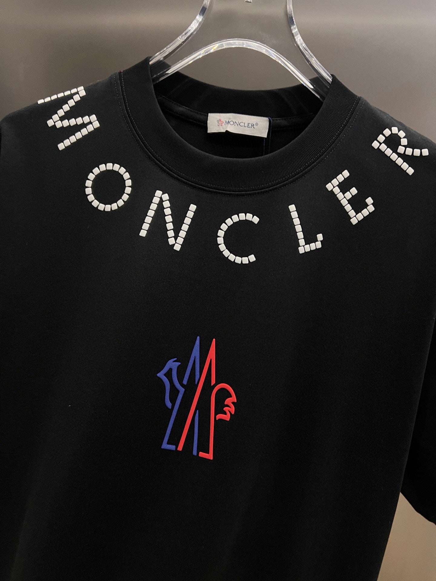 Moncler short-sleeve T-shirt, black front with white ONCLE lettering and M logo