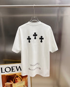 White graphic T-shirt, back view with three black cross designs and small text below