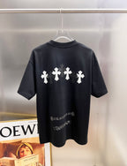 Black short-sleeve T-shirt with white cross graphic on back