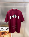 Burgundy short-sleeve T-shirt, back print with white and black crosses and small text.