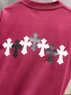 Burgundy T-shirt back print featuring alternating white and black crosses.