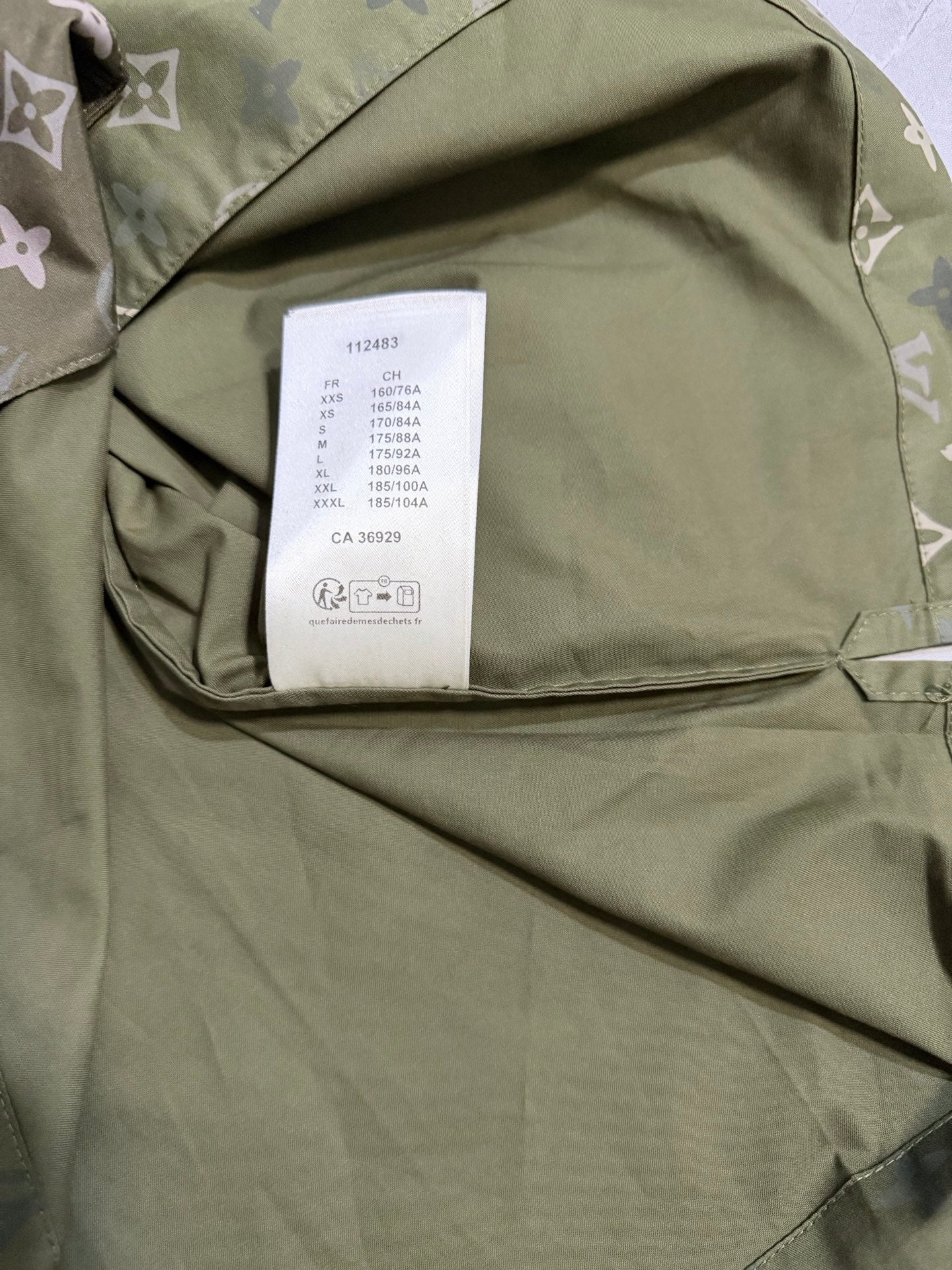 Louis Vuitton monogram short-sleeve shirt in olive green with interior size label and trim