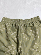 Louis Vuitton monogram shorts back view, elastic waistband, olive green
