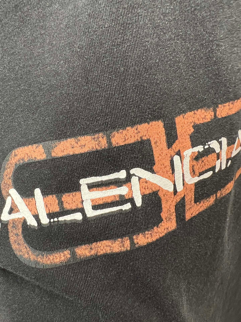 Gray Balenciaga short-sleeve T-shirt with large orange and white logo print