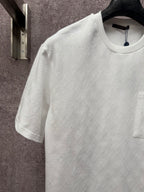 White short-sleeve T-shirt with crew neck and textured monogram pattern