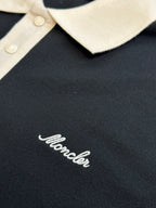 Moncler polo shirt chest logo in white on dark navy fabric