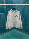 Light gray pullover hoodie with chest logo and front kangaroo pocket
