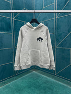 Light gray pullover hoodie with chest logo and front kangaroo pocket