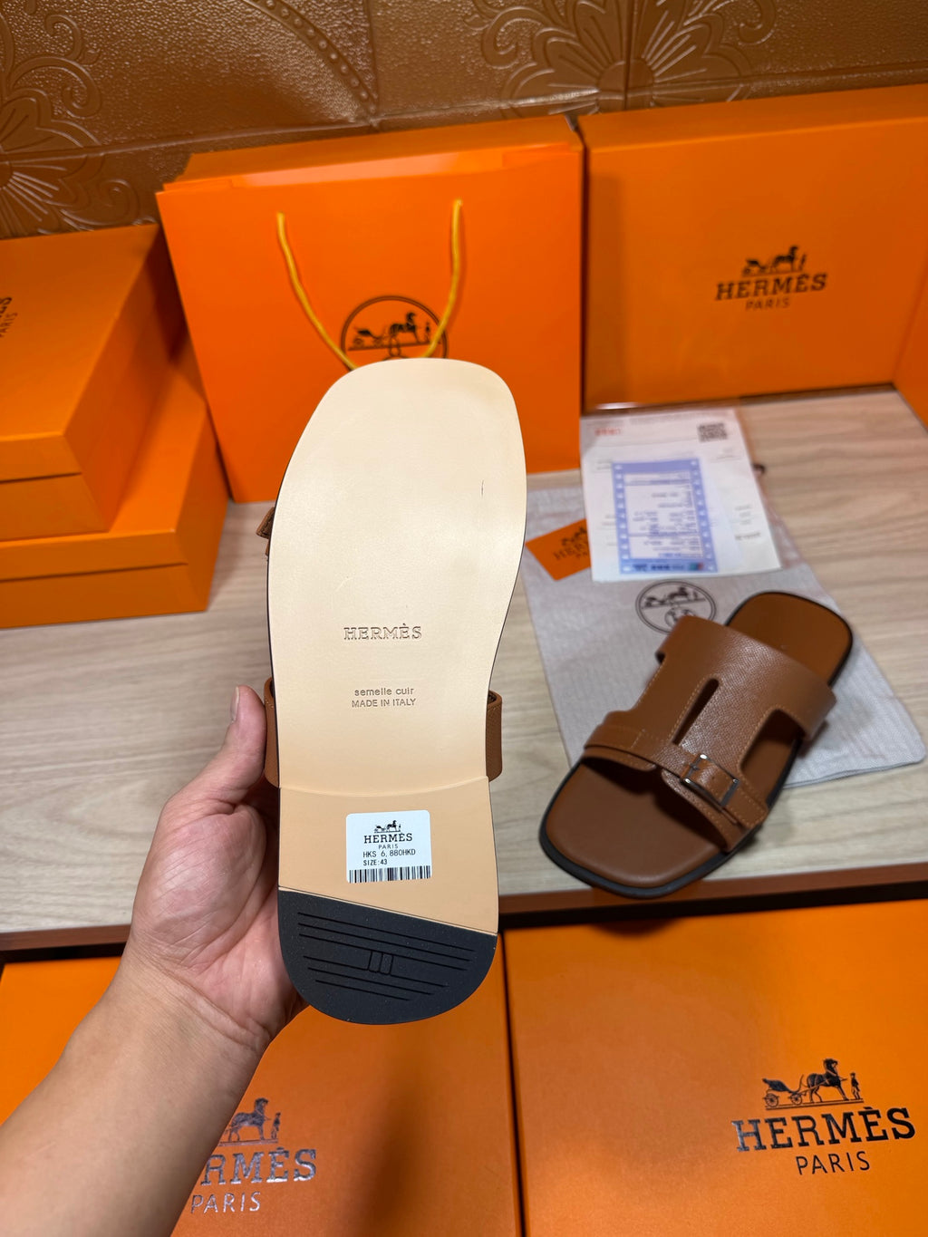 Hermes sandal outsole, light tan with embossed logo