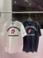 White and dark charcoal T-shirts with lips graphic and curved decorative lettering