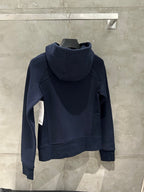 Navy zip-up hoodie back view with hood and full-length front zipper