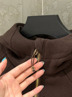 Ralph Lauren brown zip-up hoodie jacket close-up of gold zipper and drawstring