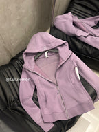 Lavender zip-up hoodie with hood and drawstring, silver zipper