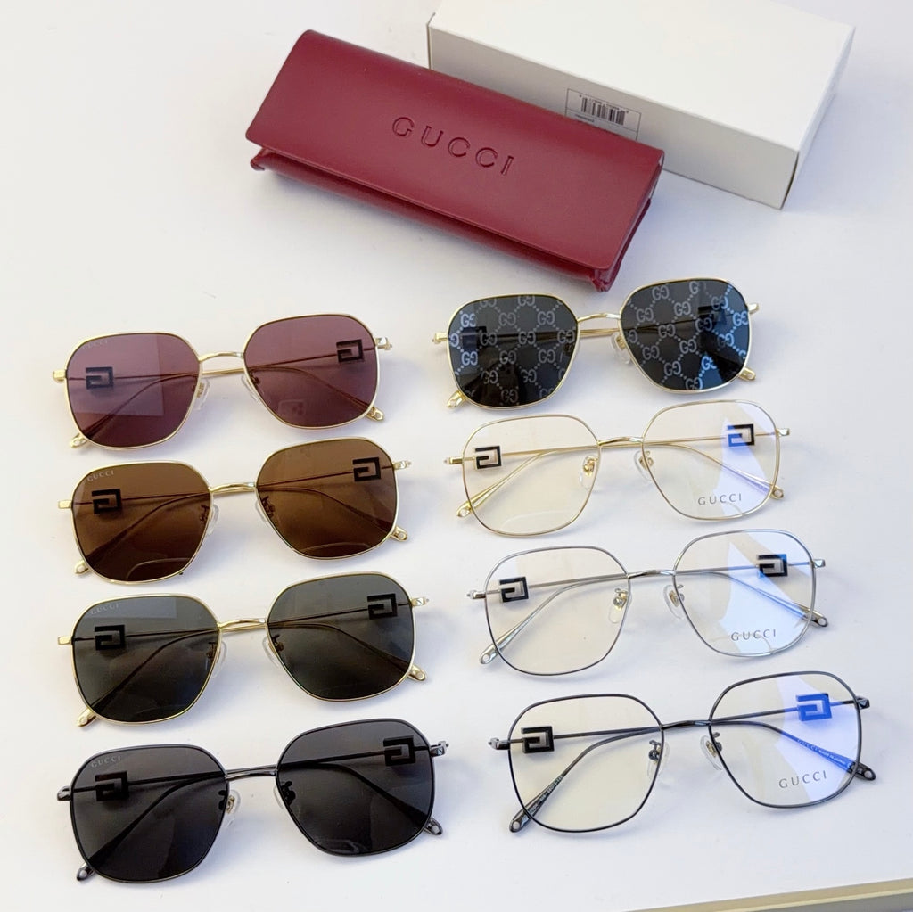 Assorted Gucci eyewear set with round lenses, gold and dark frames, includes case