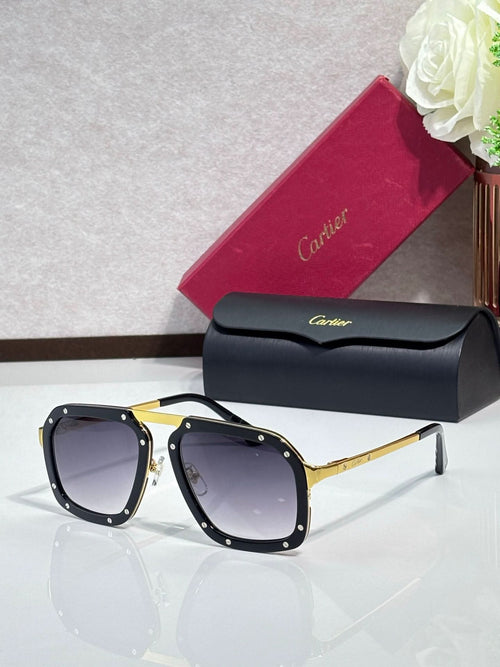Square black acetate sunglasses with dark gray lenses and gold-tone temples