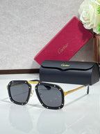 Square black acetate sunglasses with dark gray lenses, gold-tone temples