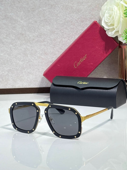 Square black acetate sunglasses with dark gray lenses, gold-tone temples