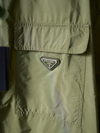 Olive green Prada jacket chest logo triangle patch on flap pocket