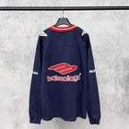 Balenciaga navy long-sleeve sweatshirt with back Balenciaga logo and striped ribbed collar