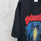 Graphic T-shirt sleeve and front print, black with red-and-blue graphic