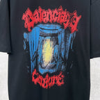 Graphic T-shirt front, black with red text and blue face artwork