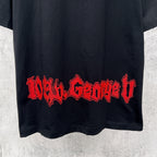 Graphic T-shirt back hem, black with red Gothic-style text