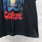 Graphic T-shirt lower front, black with red-and-blue distressed lettering