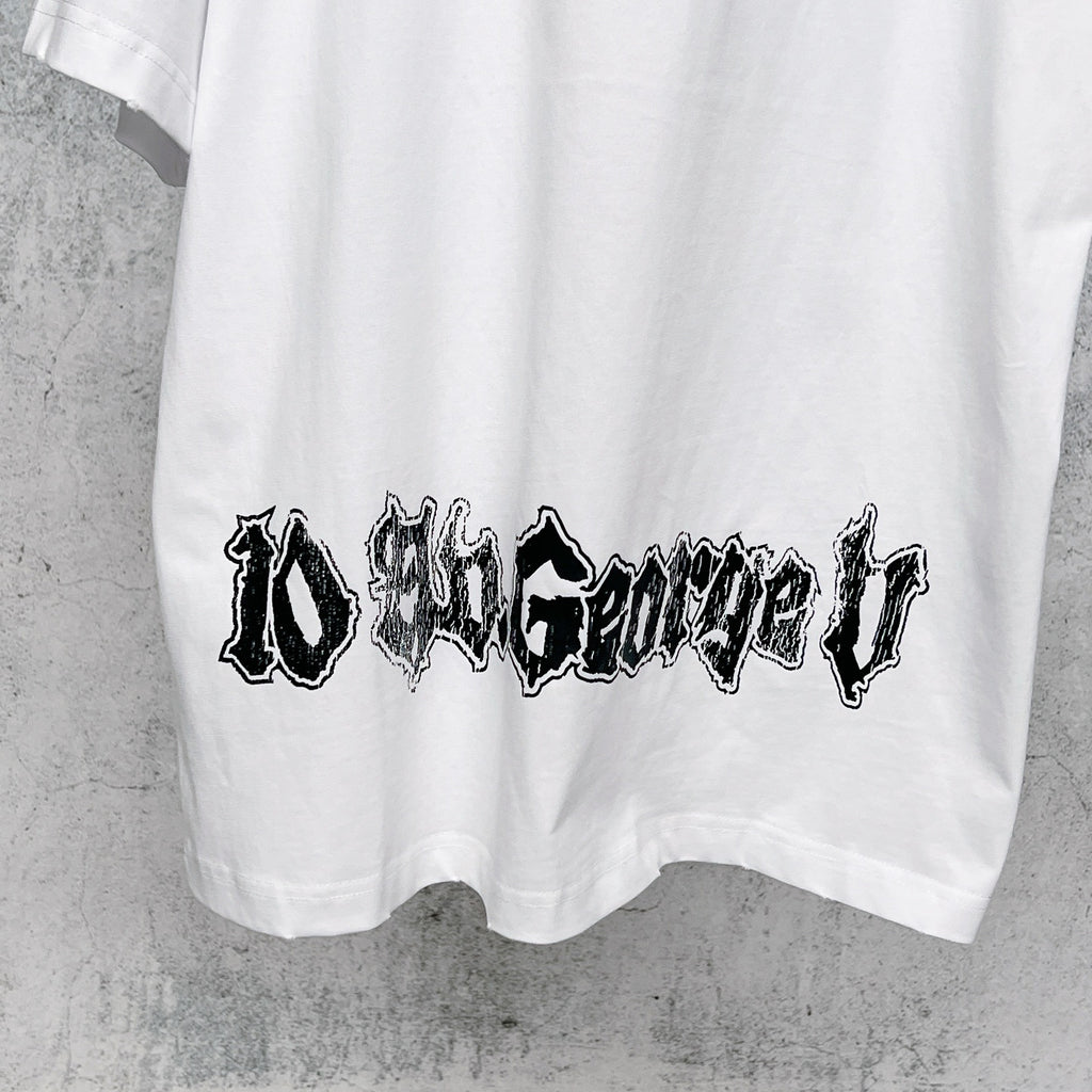 White T-shirt back with black distressed text graphic