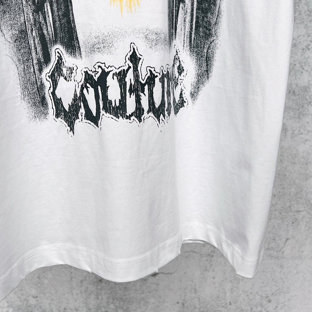 White T-shirt front lower half with distressed black graphic print