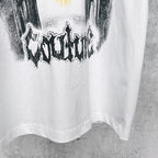 White T-shirt front lower half with distressed black graphic print