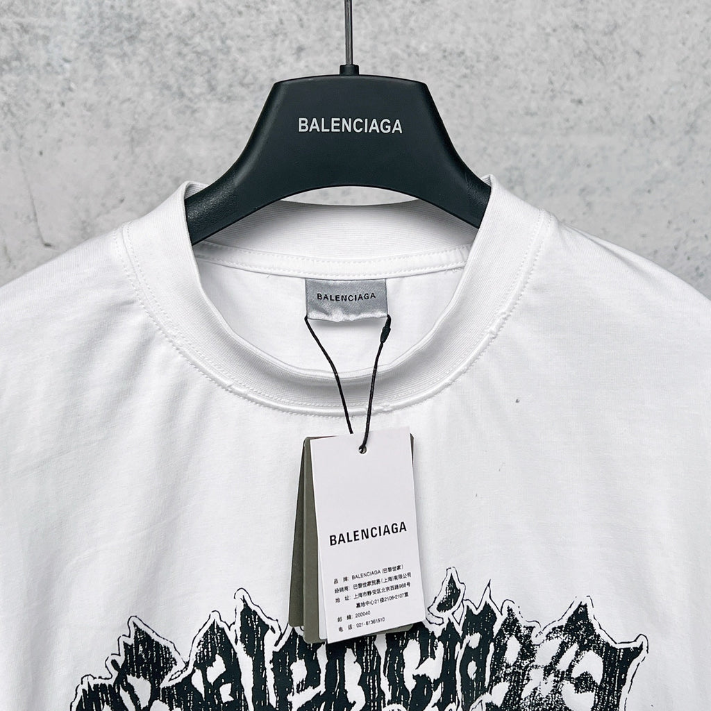 White T-shirt neckline with BALENCIAGA hang tag and collar stitching