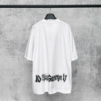 White T-shirt back view with bold black graphic lettering