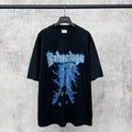 Black short-sleeve T-shirt with blue Eiffel Tower lightning graphic