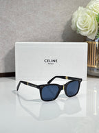 Celine square sunglasses, black frame, blue lenses, gold hinge accents
