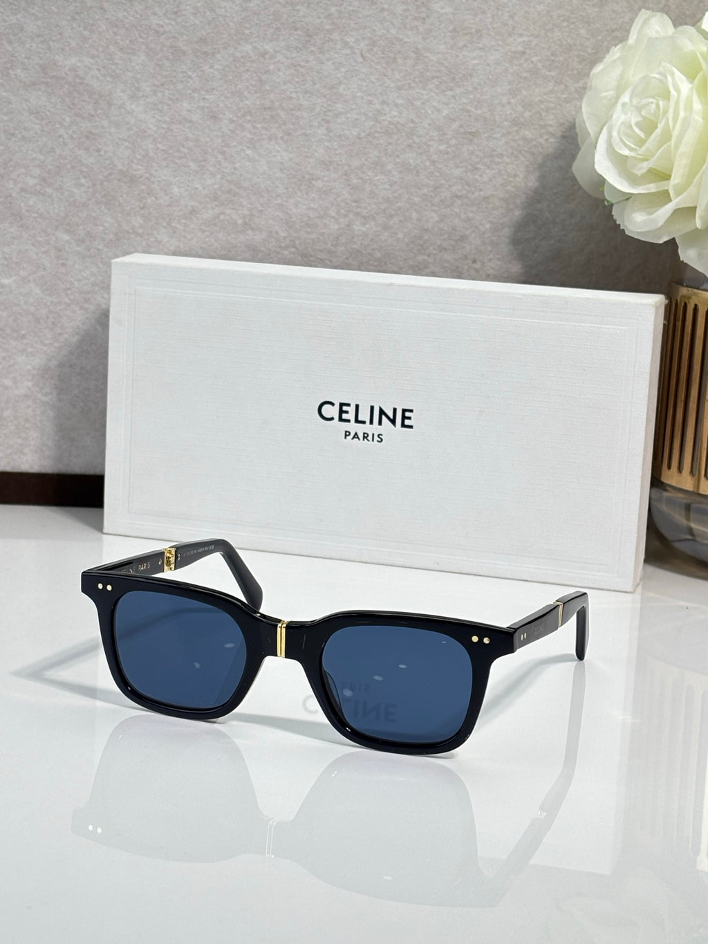 Celine square sunglasses, black frame, blue lenses, gold accents