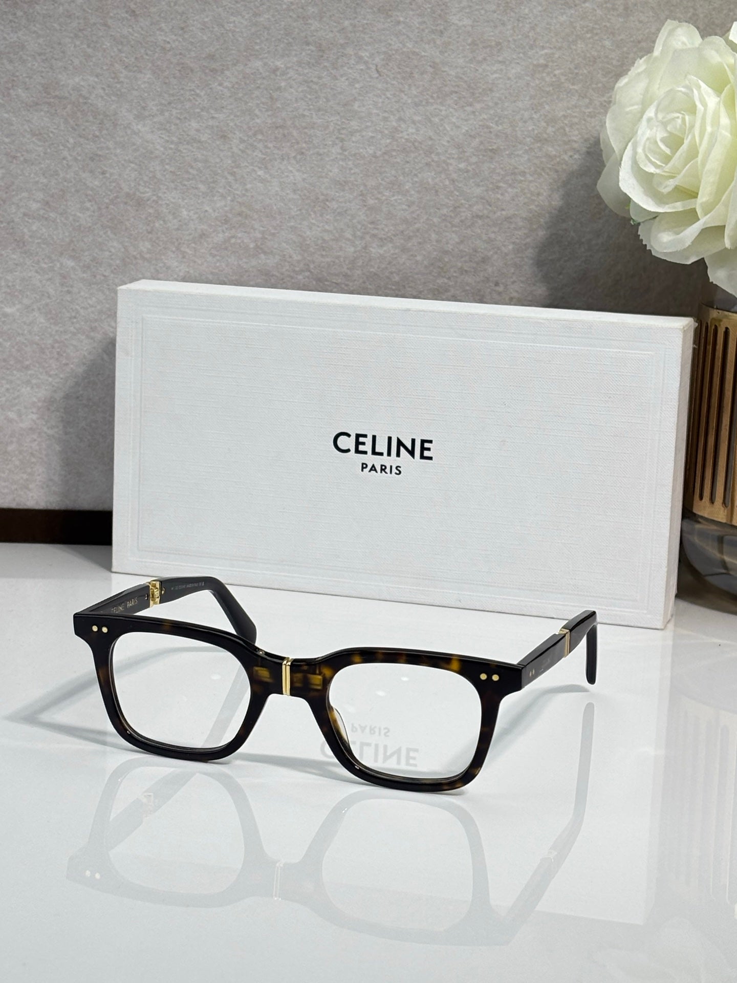 Celine square sunglasses, black frame, tortoise detailing, clear lenses