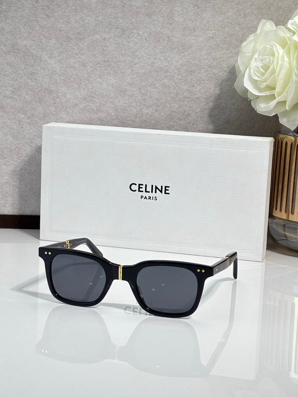 Celine square sunglasses, black frame, gold studs, dark tinted lenses