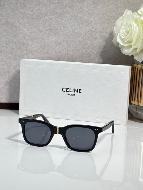 Celine square sunglasses, black frame, gold studs, dark tinted lenses
