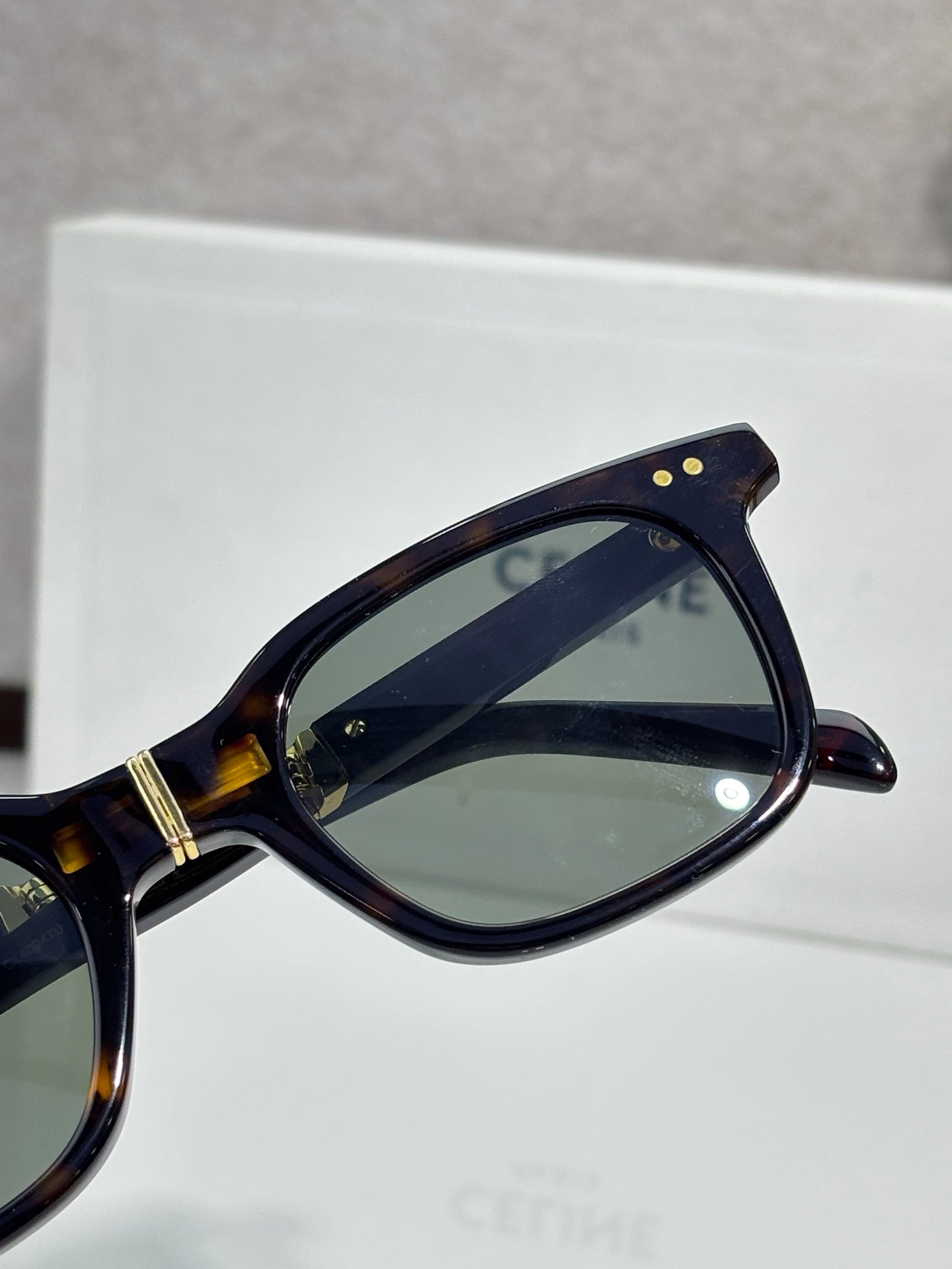 Celine sunglasses close-up, dark lenses, tortoise frame, gold hinge