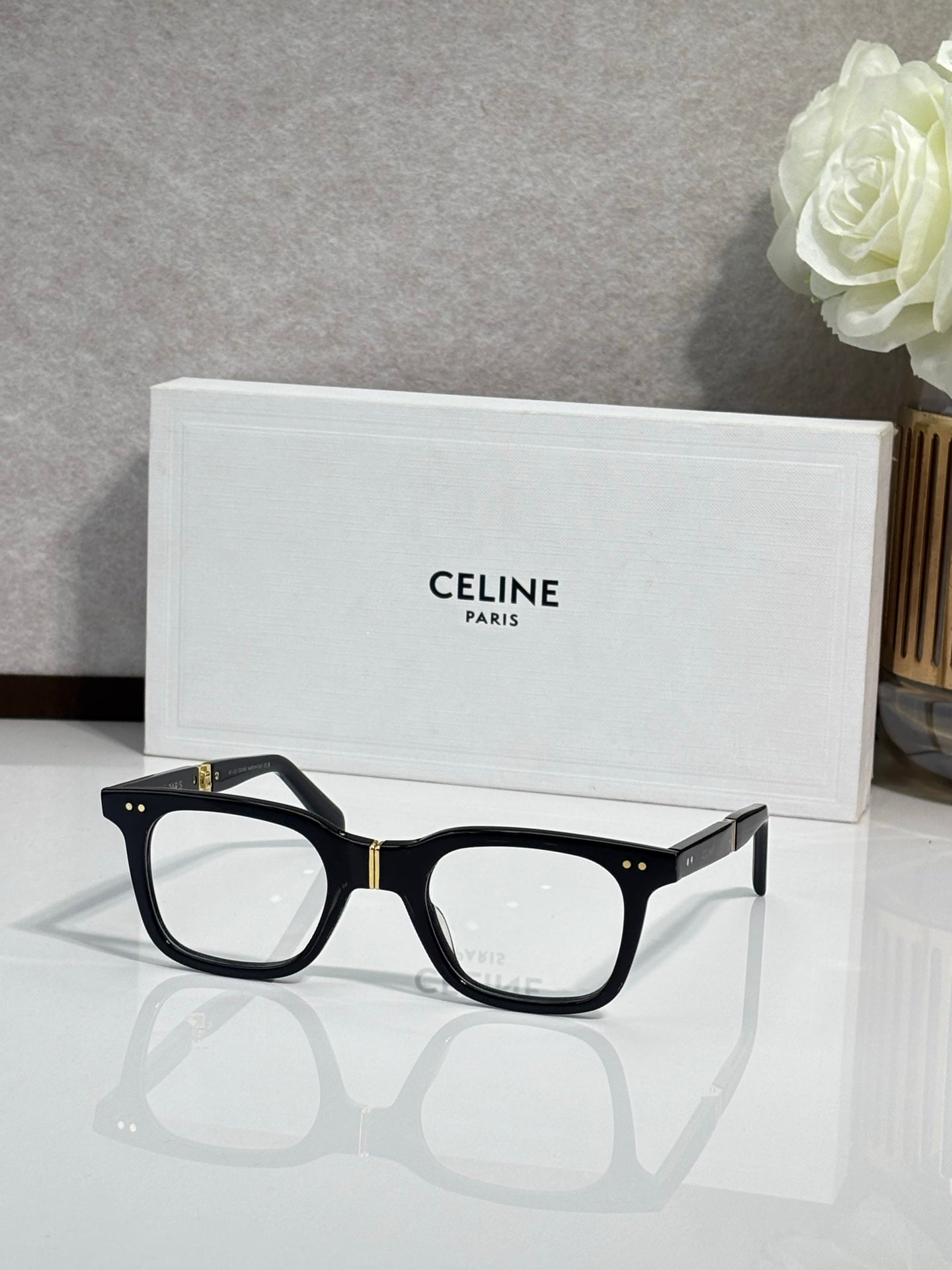 Celine square sunglasses, black frame, clear lenses, tortoise temples