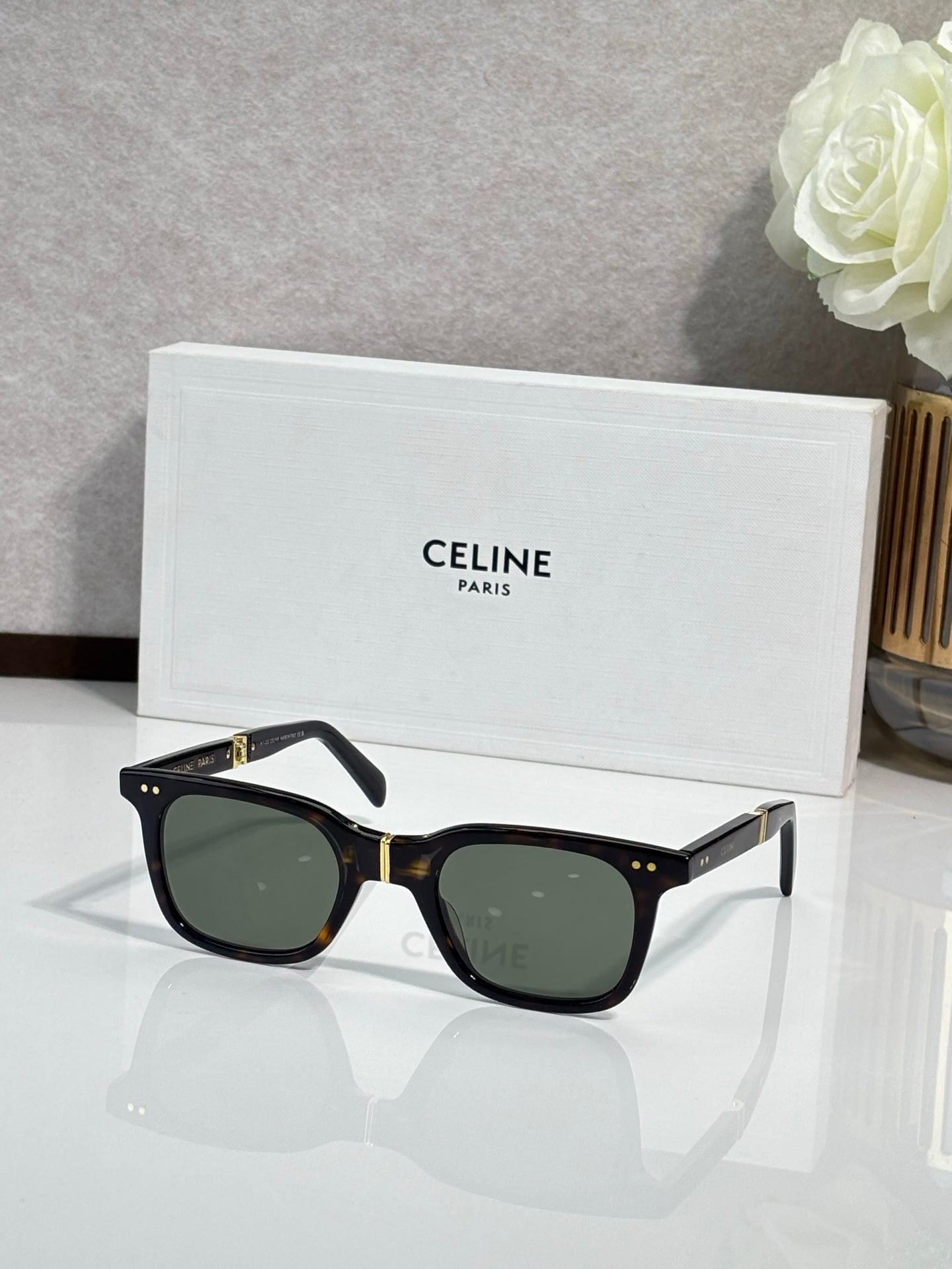 Celine square sunglasses, black frame, green lenses, gold details