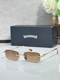 Rectangular metal eyeglasses with gold arms and brown gradient lenses.