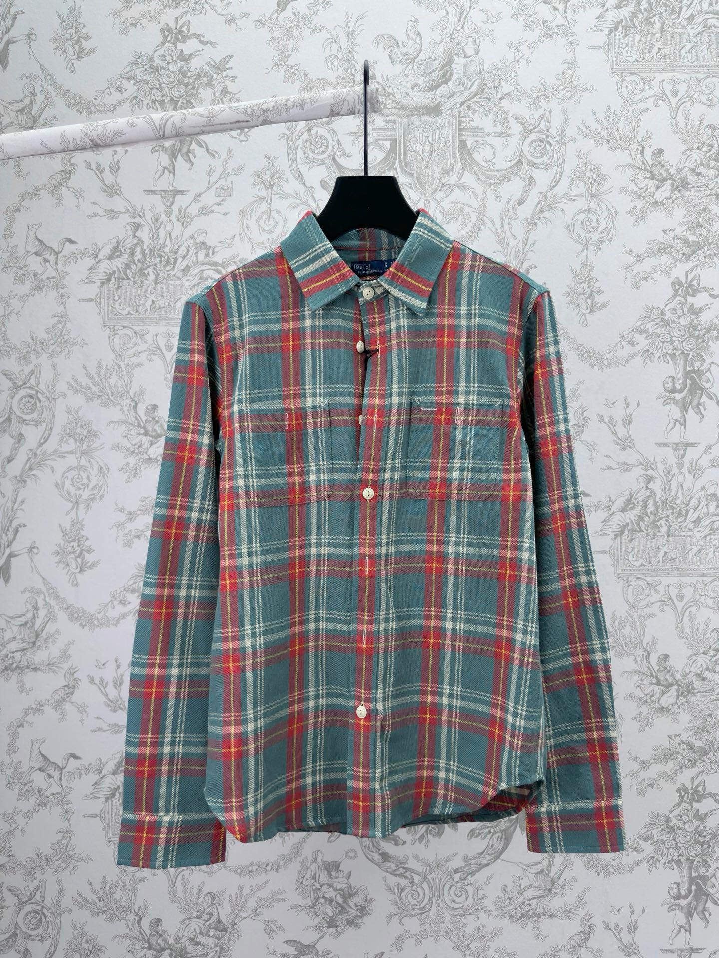 Ralph Lauren plaid button-up shirt with long sleeves and button front