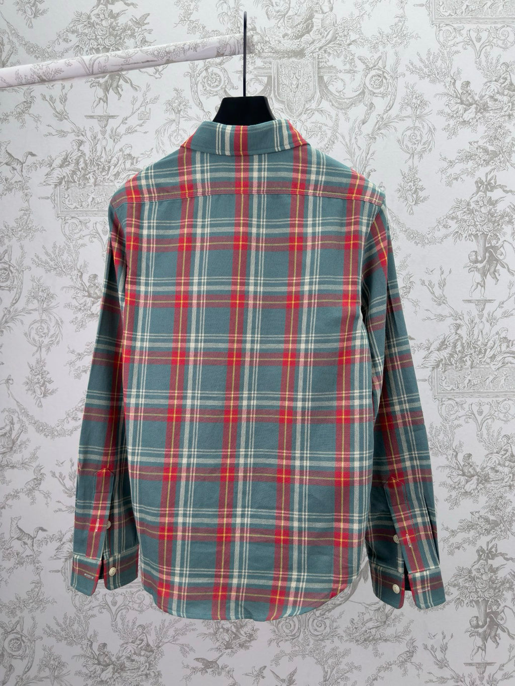 Back view of Ralph Lauren plaid button-up shirt in teal with long sleeves